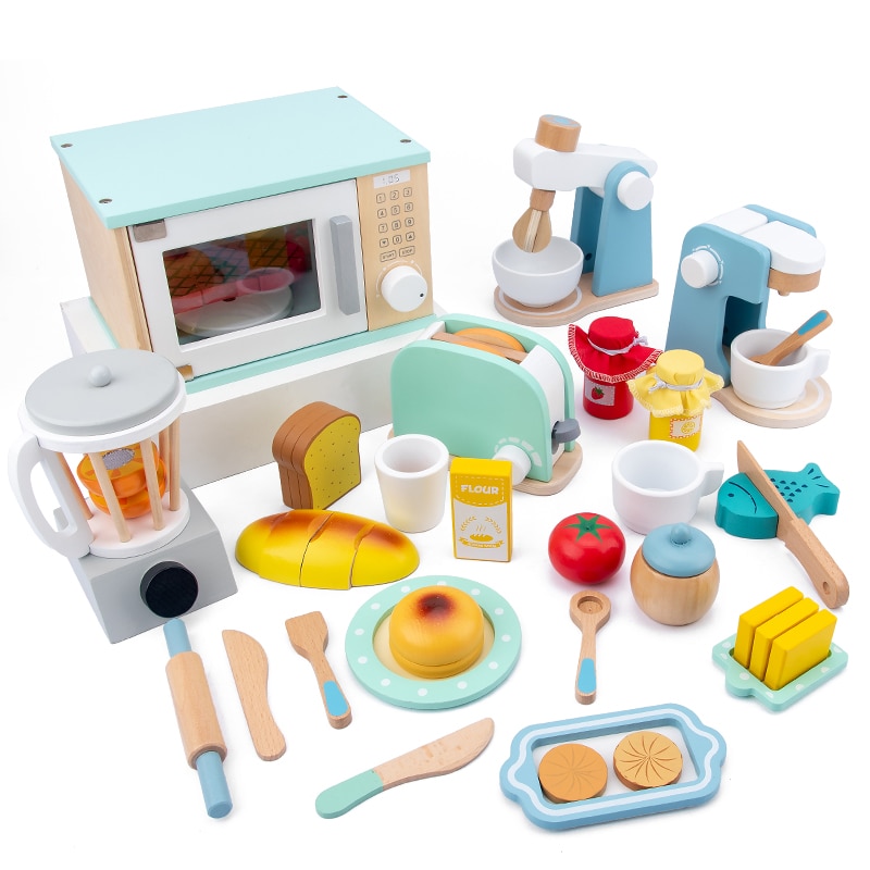 Kids Wooden Pretend Play Sets Simulation Toasters Bread Maker Coffee Machine Blender Baking Kit Game Mixer Kitchen Role Toys