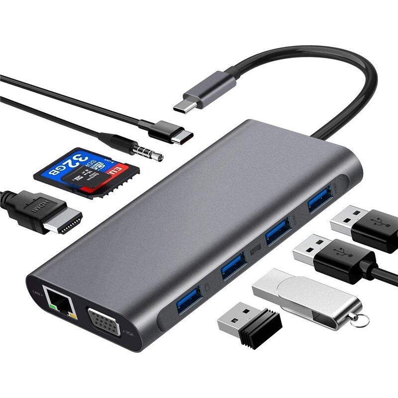 Multifunções 11 em 1 docking station 4k tipo-c hub adaptador usb 3.0 hdmi rj45 vga pd docking station carga rápida para portátil