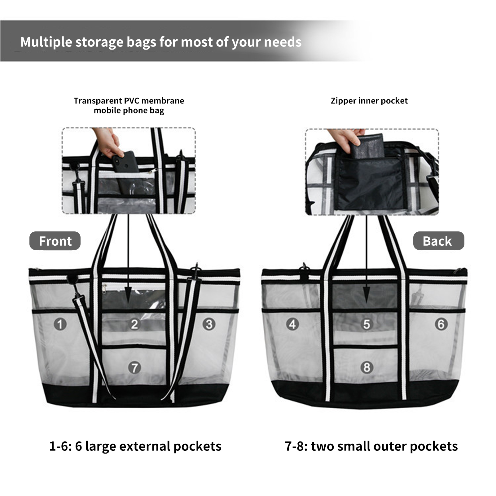 Nylon Mesh Beach Bags Multi-pocket Swimming Sport Tote Picnic Bag Outdoor Beach Foldable Seashell Bag Sundries Organizer