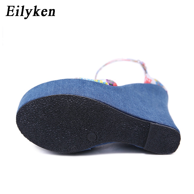 Eilyken Print Denim Sandalen Romeinse Sandalen Wiggen Hoge Hakken Peep-Toe Platform Schoenen Vrouw