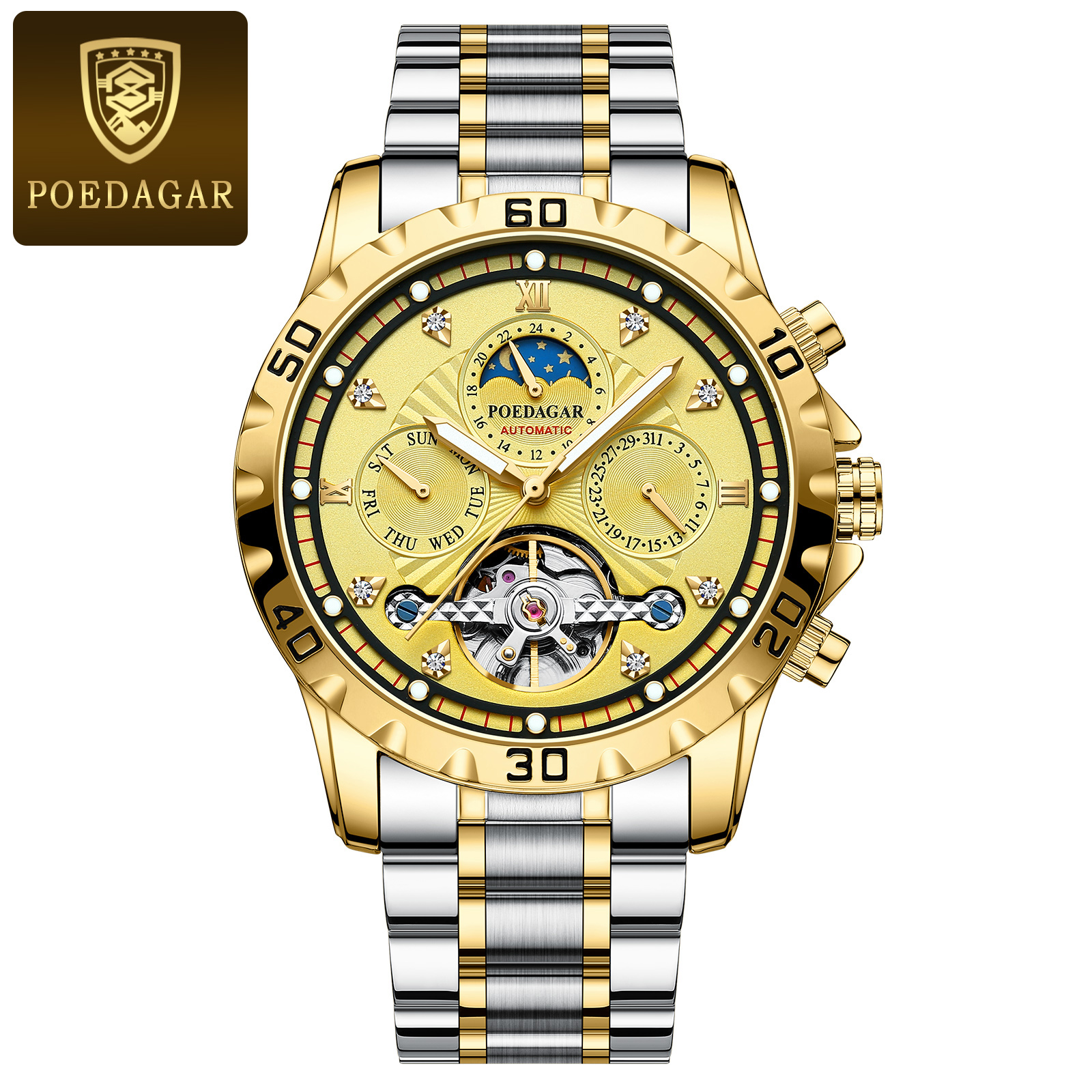 POEDAGAR-Montre de Luxe à Tourbillon Creux pour Homme, Accessoire Étanche, Mécanique et existent, en Acier Inoxydable, avec Date et Semaine: Or