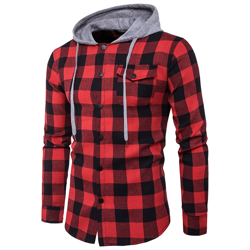 Zhelin miesten pitkähihainen paita hupullinen ruudullinen paita flanelli casual miesten paita: Punainen / Xxl