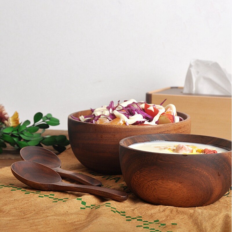 2 cuencos de madera de Acacia para frutas, ensaladas y fideos, ensaladas, 5,1x2,4 pulgadas y 4x2,4 pulgadas