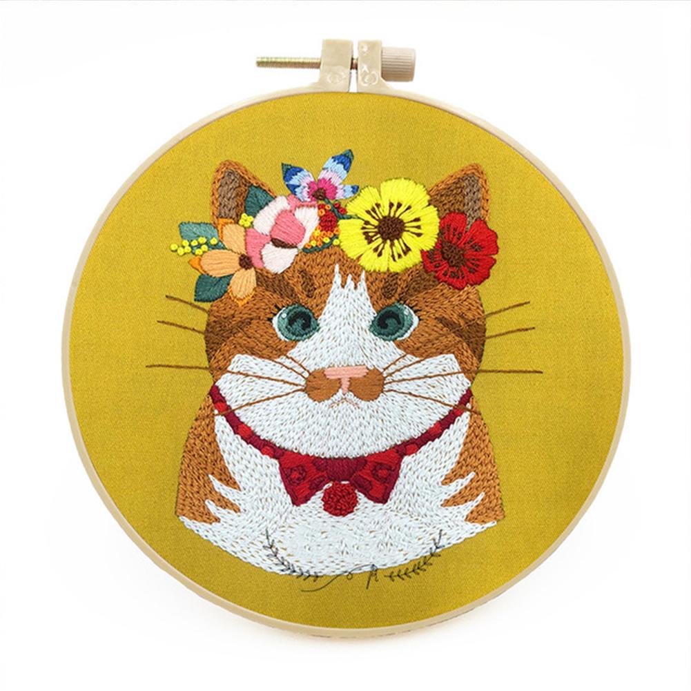 Kit de bordado a mano para principiantes, fácil punto de cruz con patrón de animales, gato, DIY, incluye hilo de Aro y herramienta de aguja