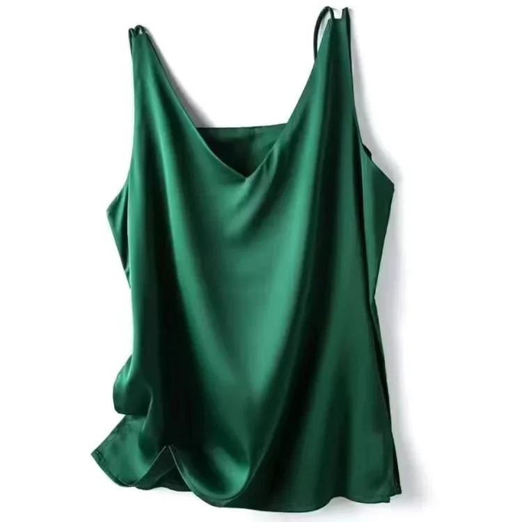 dame t-skjorter silke satengbluse ermeløs dame sommer avslappet løse tankter og camis ensfargede grønne topper til kvinner: Xl / Grønn