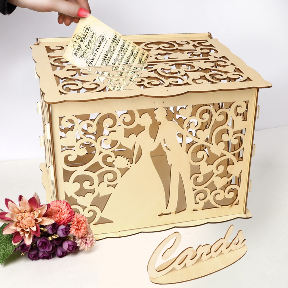 Wooden Wedding Card Boxes With Lock Mr&amp;Mrs Couple Flower Pattern Envelope Sign Cards Wood Box DIY Rustic Wedding Supplies