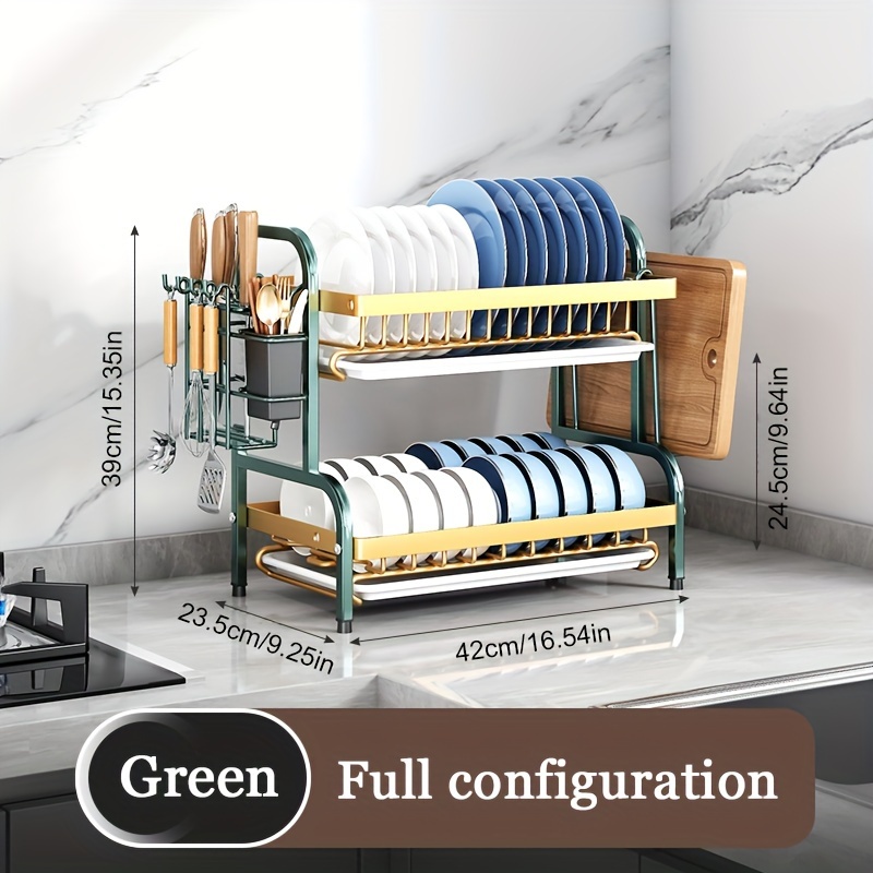 Estante de secado de platos de 2 niveles con soporte para utensilios, estantes ajustables, organizador de cocina que ahorra espacio, sistema de drenaje, gabinete de almacenamiento: YELLOW