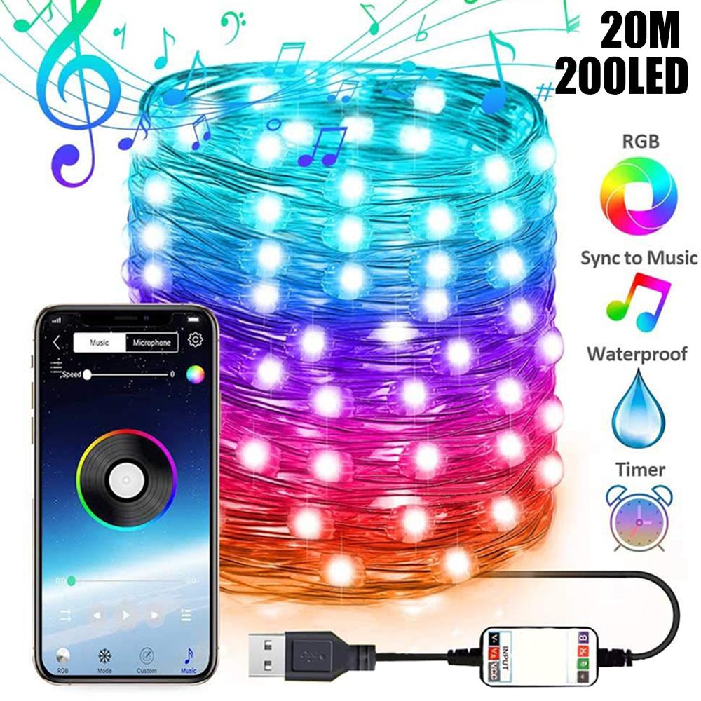 Usb led string ljus bluetooth kontroll gatugirland string lampa vattentät utomhus älvljus för julgransdekoration