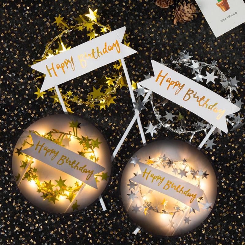 Cake Topper Happy Birthday LED Lighting Top For Kids Romantic Stars Garland Flag Wedding Decorations Baby Shower Banner Party
