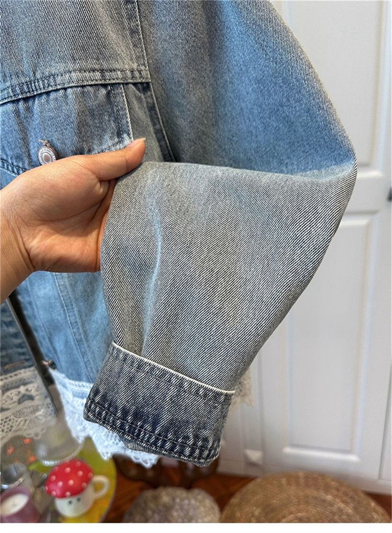 2022 Frühjahr neue Rundhalsausschnitt Saum Nähte Spitze Denim Mantel Bluse verlieren lässige oben