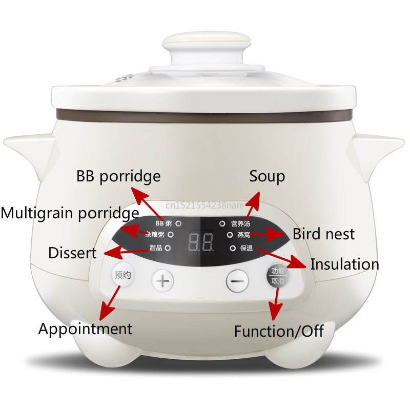 220V 140w 1.2L Automatic Insulation Slow Cooker Electric Cooker Ceramic BB Poridge Bird Nest 12 Hours Appointment
