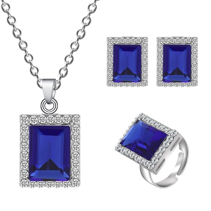 MINHIN lujo nupcial Juegos de joyas para mujer encantos cristal geométrico colgante 3 uds conjuntos de boda: 1441 blue