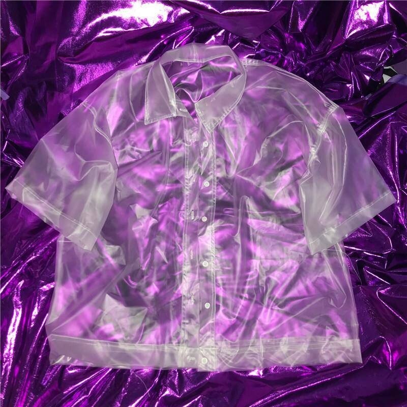 Mænd plast gennemsigtig kortærmet skjorte herre tøj vandtæt jakke tidevand gennemsigtige pvc smarte skjorter
