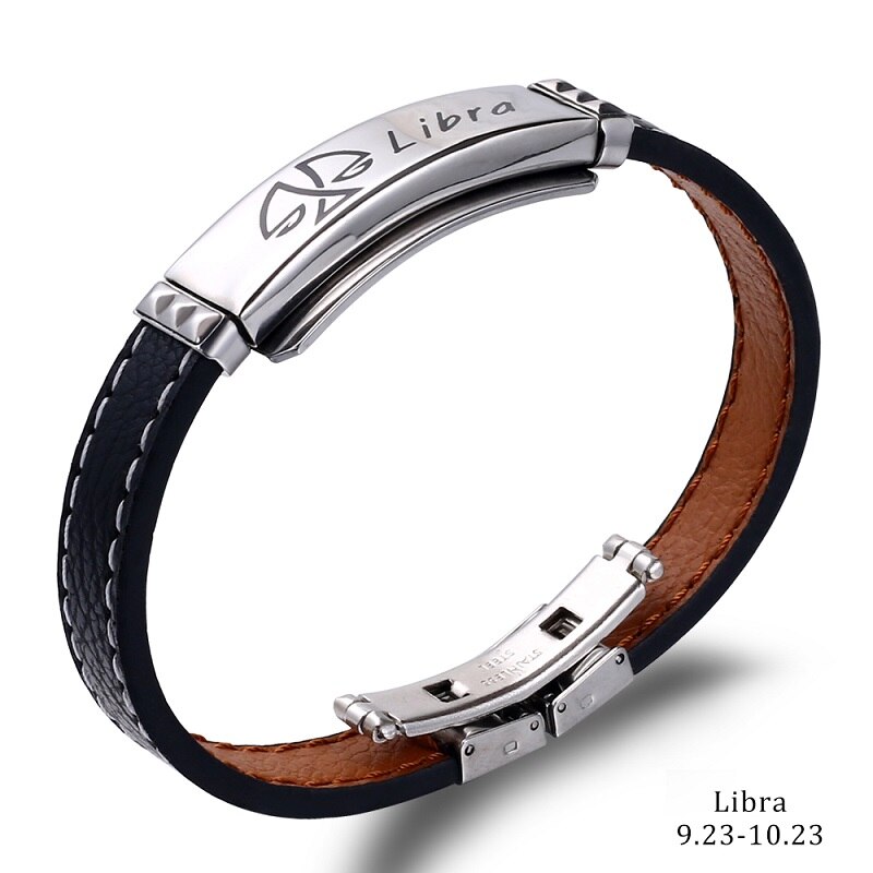Pulsera de acero inoxidable con 12 Constelaciones para hombre, joyería de , Charm, cuero negro, signos del zodiaco informales, Punk,: libra