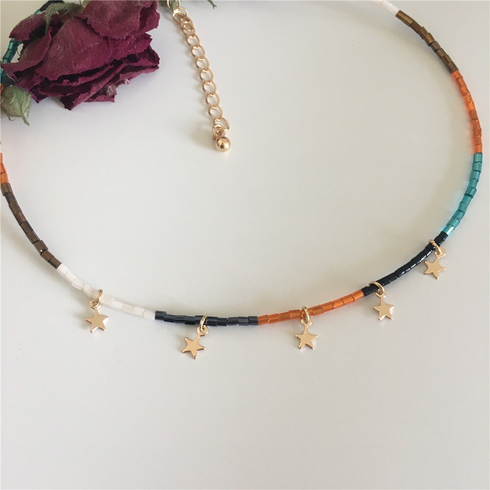 Colar de miçangas colorido, colar com pingente de estrela pequena, colares para mulheres miyuki tila, joias, boho colar de corda ajustável para meninas