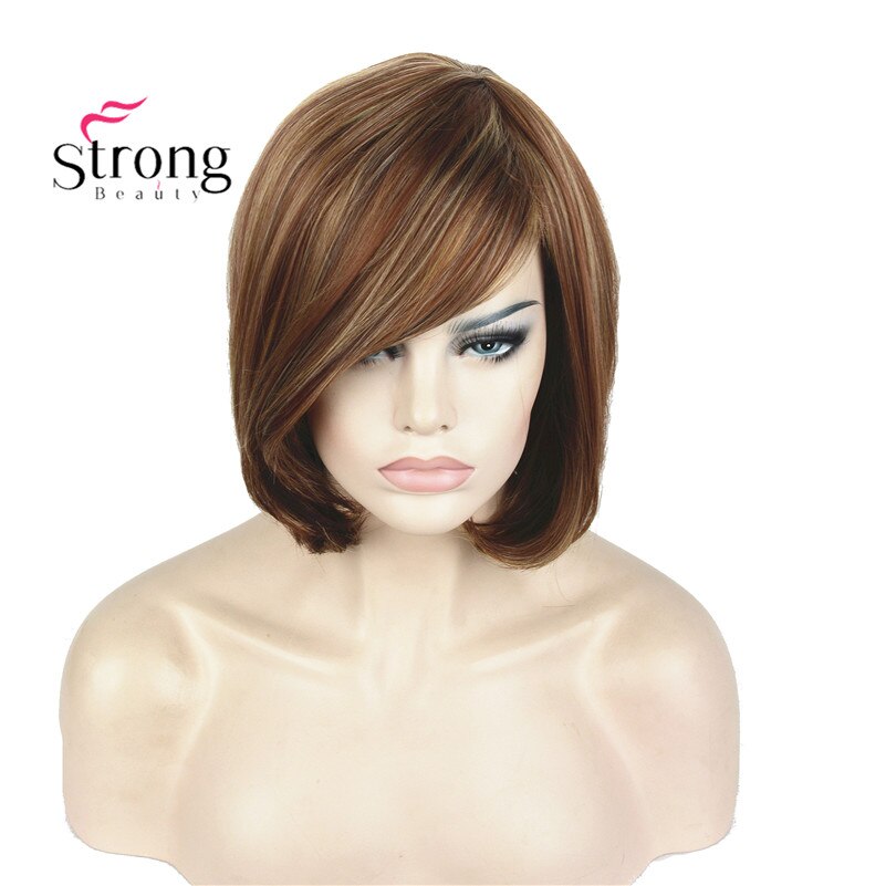 StrongBeauty Kurze Gerade Braun Hervorgehoben Bob Seite Gefegt Pony Synthetische Perücke FARBE ENTSCHEIDUNGEN
