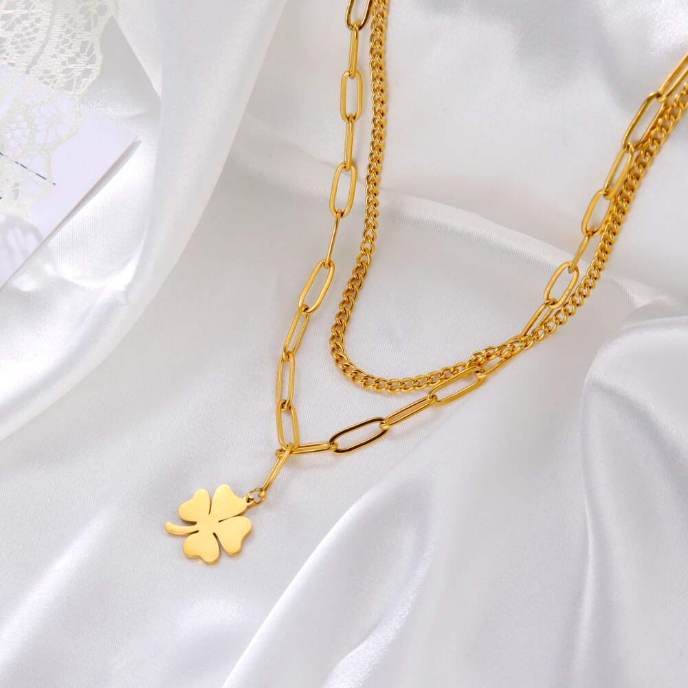 Skyrim-kleeblatt-anhänger-halskette für damen, edelstahl-büroklammer-doppelketten-halskette, schmuck zum muttertag