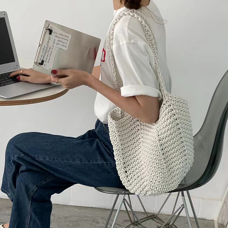 2022 Katoenen Draad Gebreide Vrouwen Handtassen Dames Netto Hollow Out Tote Vrouwen Geweven Schoudertas Strandtas Sets hele: Beige