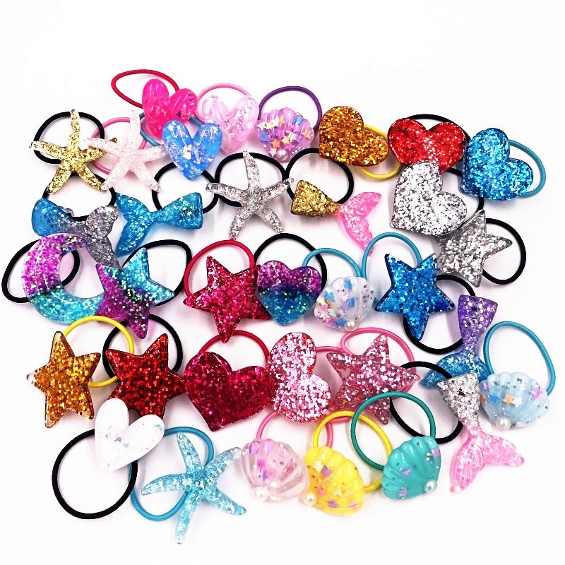 1 pièces scintillant coeur étoile de mer sirène queue bandeaux enfants élastiques bandes de cheveux enfants femmes bandes de caoutchouc filles cheveux corde