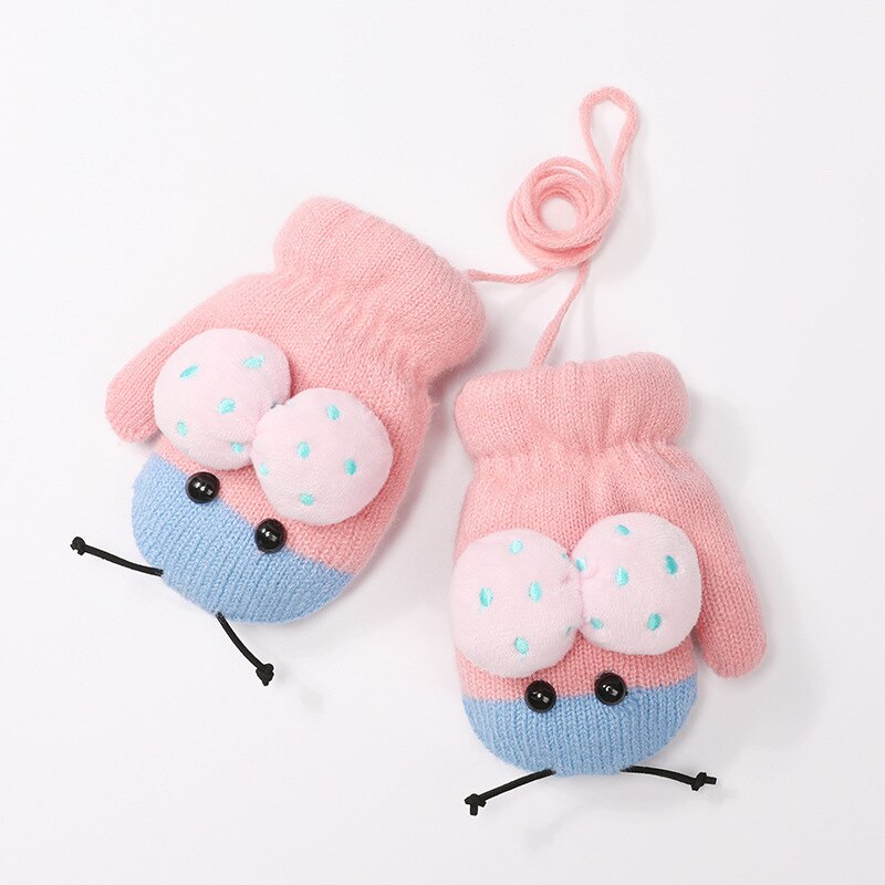 REAKIDS Cute Cartoon Children Gloves 2-5 Years Old Winter Knit Baby Mittens Velvet Thick Children Kids Keep Finger Warm