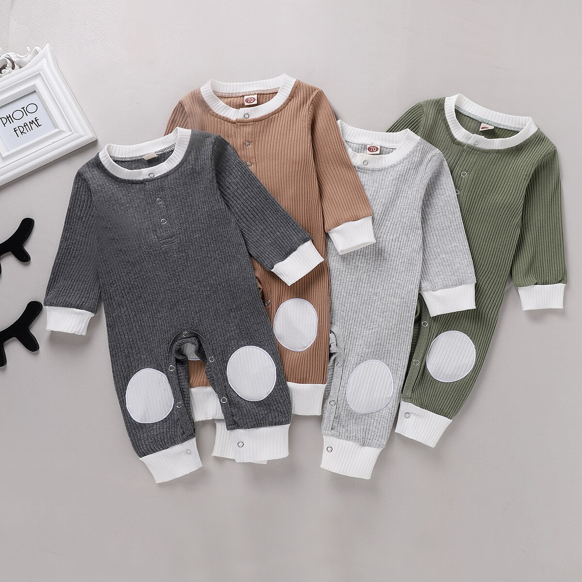 Mise au point automne bébé garçons barboteuse filles solide Patchwork manches longues bouton combinaisons 0-18M 4 couleurs