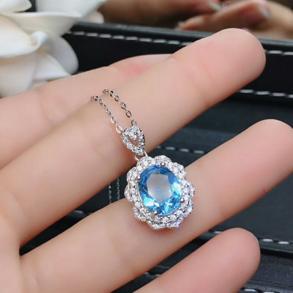 MeiBaPJ Sehr SchöNe Natürliche Himmel Blau Topas Edelstein Schmuck einstellen 925 Reinem Silber 3 Stück Anzug Hochzeit Schmuck für Frauen: Anhänger Halskette