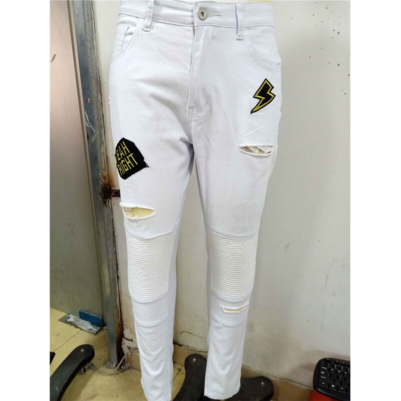 Białe męskie stylowe zgrywanie zniszczone obcisłe dżinsy rurki spodnie rowerzysta jeansy dla motocyklistów rozciągać dżinsowa ołówek długie spodnie legginsy Pantalon