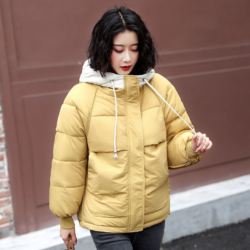 Chaqueta de Invierno para Mujer de con capucha cálida gruesa acolchada prendas de vestir femeninas abrigo corto Parka para Mujer Invierno: Amarillo / L