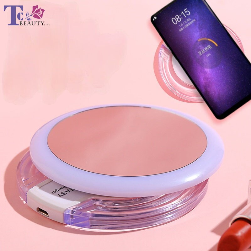 Portable LED Vanity Mirror with Lights Dimmable Brightness Compact Mirror USB Wireless Charging Circular Small Mirror