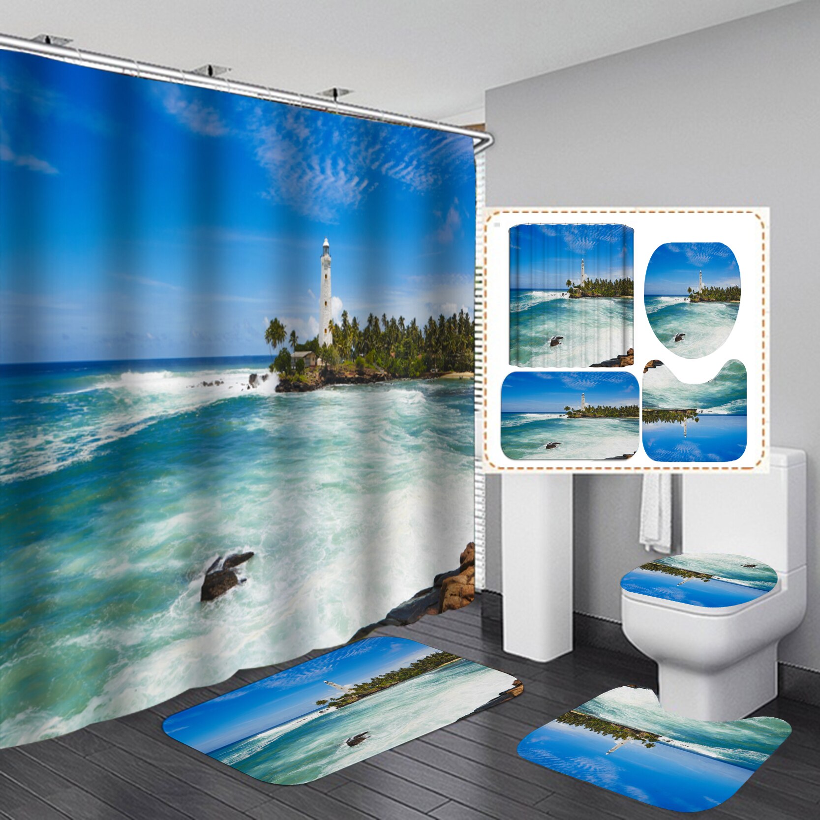 Coastal Strand Landschap Gedrukt Patroon Douchegordijn Voetstuk Tapijt Deksel Wc Cover Mat Badmat Set Badkamer Gordijnen Met Haken