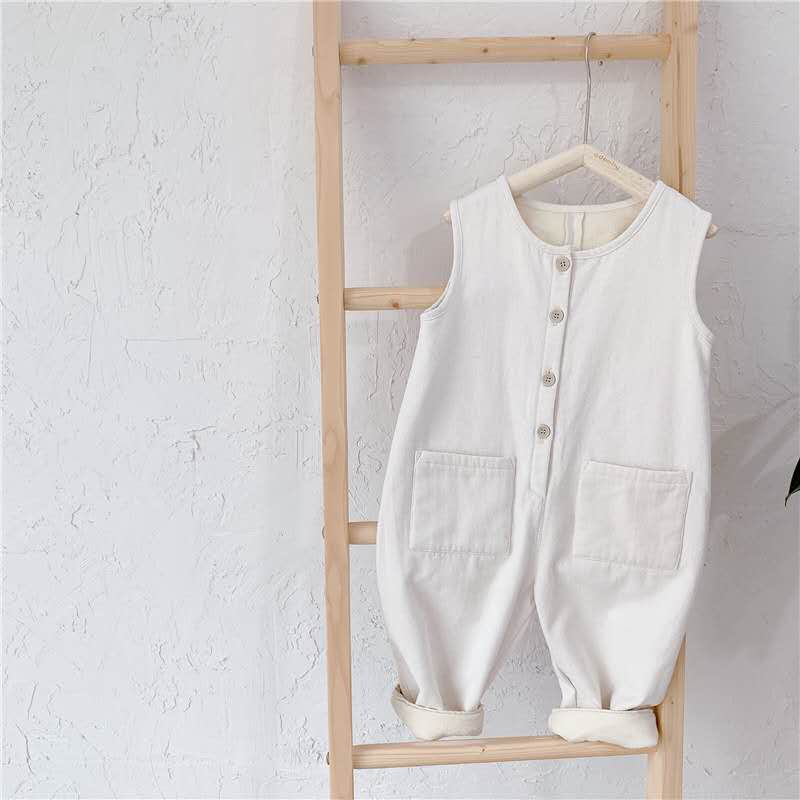 Herfst Winter Meisjes Lange Koreaanse Stijl Katoen Kinderen Jumpsuit Effen Kleur Pocket Enkele Breasted Ronde Hals Mouwloze Mode: WHITE / 5T