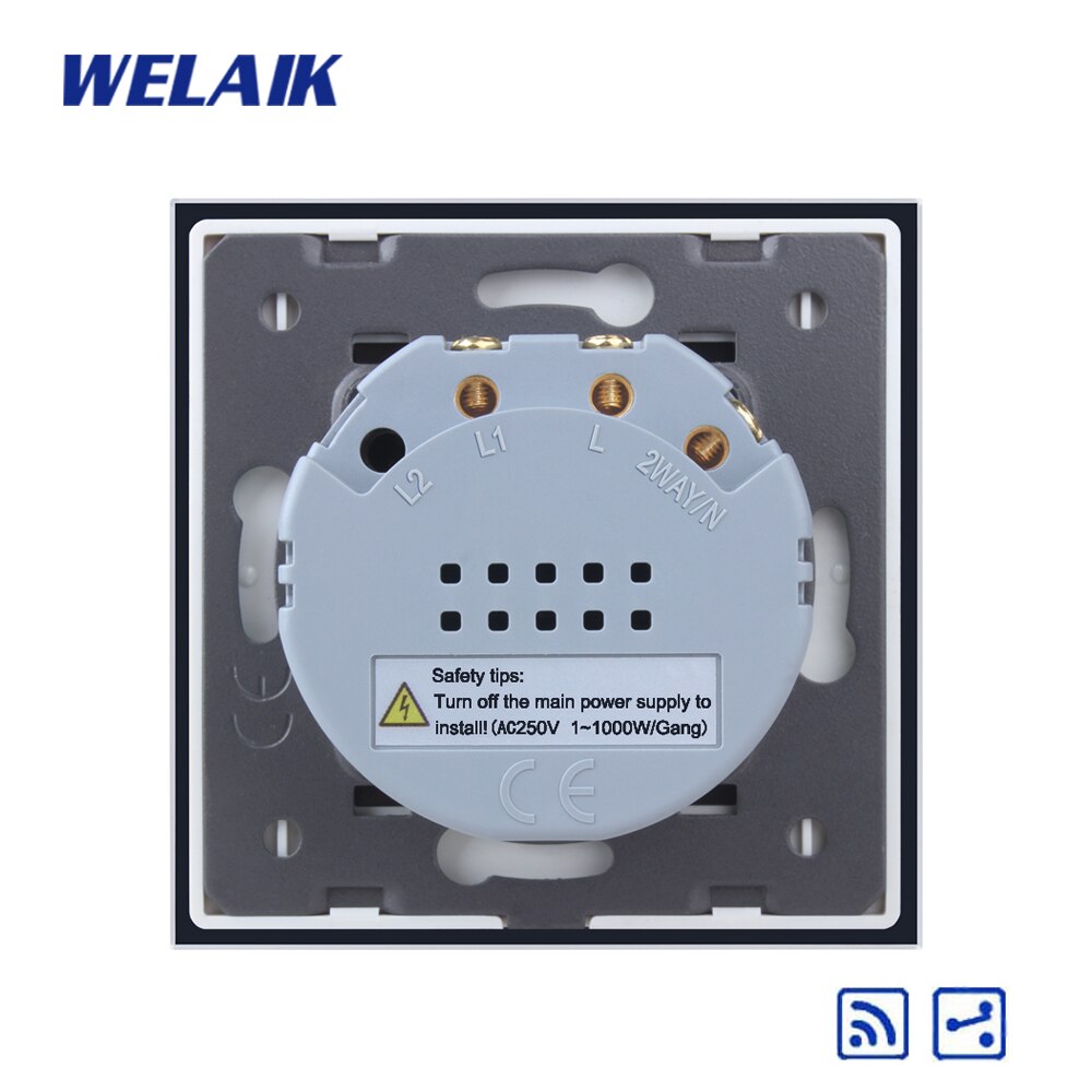 Welaik  eu 1 gang 2- vejs  rf 433 mhz fjernbetjening-trappe touch-switch krystalglaspanel væg-switch light-switchac 250v a1914cw