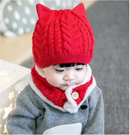 2 stk / sæt baby hat tørklæde sæt tegneserie vinter efterår varm strikket spædbarn hætter motorhjelm drenge piger hætter hæklet beanie hoved varmere: Rød