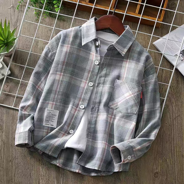 Nastolatek dzieci chłopcy koszule z długim rękawem luźna w kratę bluzka wiosna jesień fajna bawełna dzieci chłopcy camisas 4 6 8 10 12 lat: szary / 15(tag170)