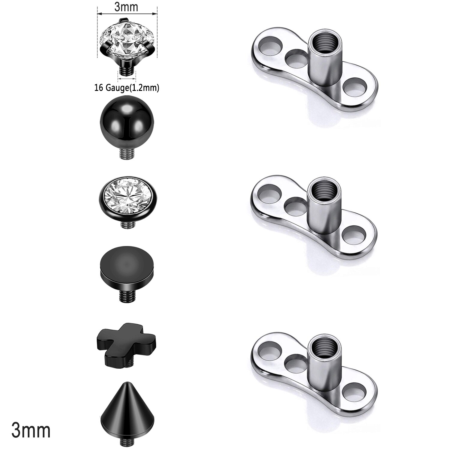 ZS 1 Set 2.5/3/4MM CZ Crystal Micro Dermal Piercing Men Women Stainless Steel Dermal Anchor Surface Piercings Opal Skin Diver: Light Yellow Color