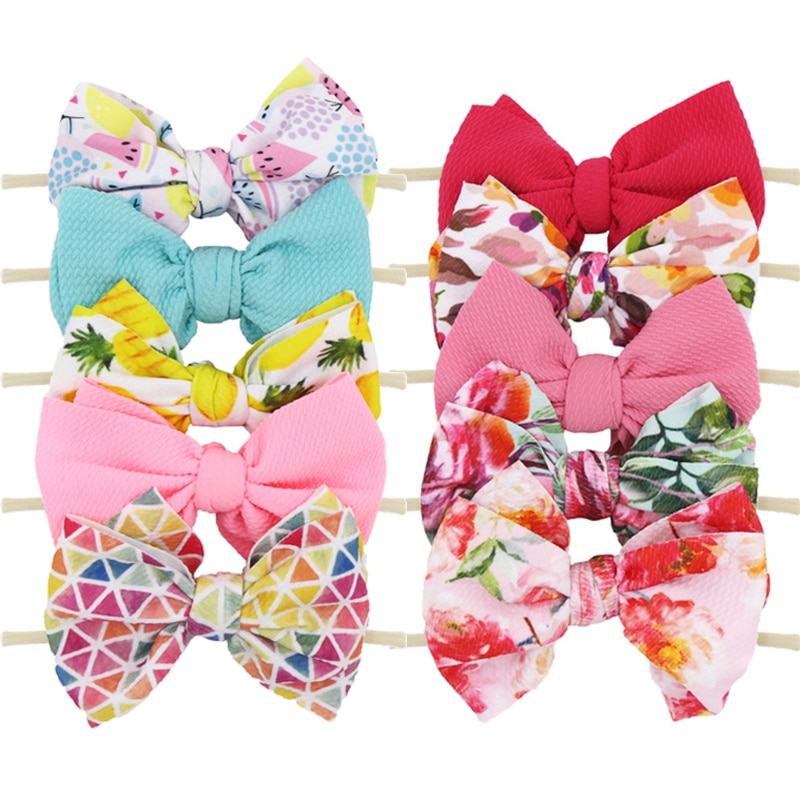 5Pcs/Lot Flower Print Elastic Nylon Band 5.9'' Big Bow Knot Headband Newborn Non-Marking Hair Accessories