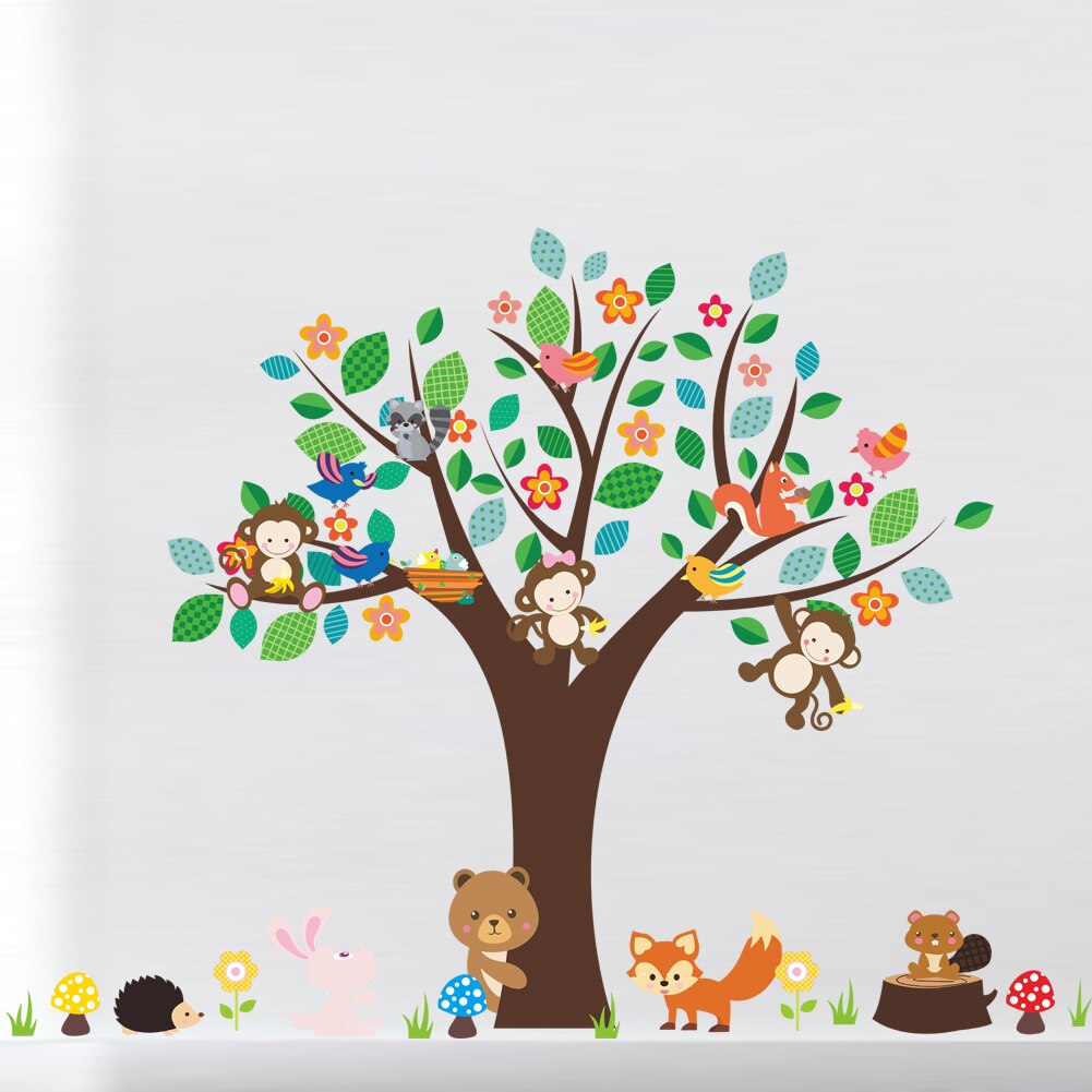 Bos dieren aap play onder bloem boom muursticker voor kids baby nursery kinderkamer decoraties decor thuis decal