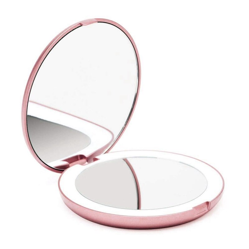 Led Light Mini Makeup Mirror Compact Pocket Face Lip Cosmetic Mirror Travel Portable Lighting Mirror 1X/5X Magnifying Foldable
