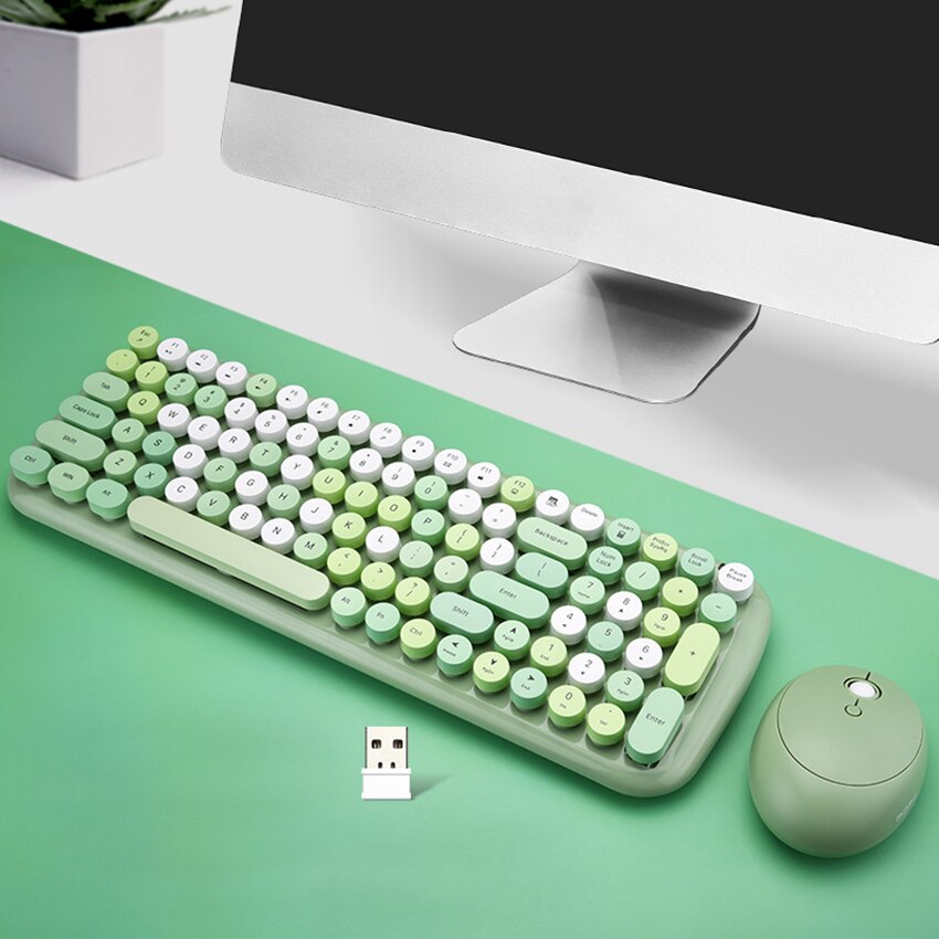 Wireless Keyboard and Mouse Combo Round Mix Keycaps office PC Keyboards and Mouse Set for Girl Computer Laptop Game: Green