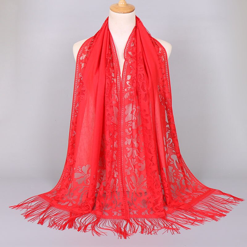 Hollow Out Flower Lace Hijab Sjaal Vrouwen Effen Kleur Vlakte Moslim Hoofd Haar Sjaals Wraps Winter Wit Zwart Rood: Rood
