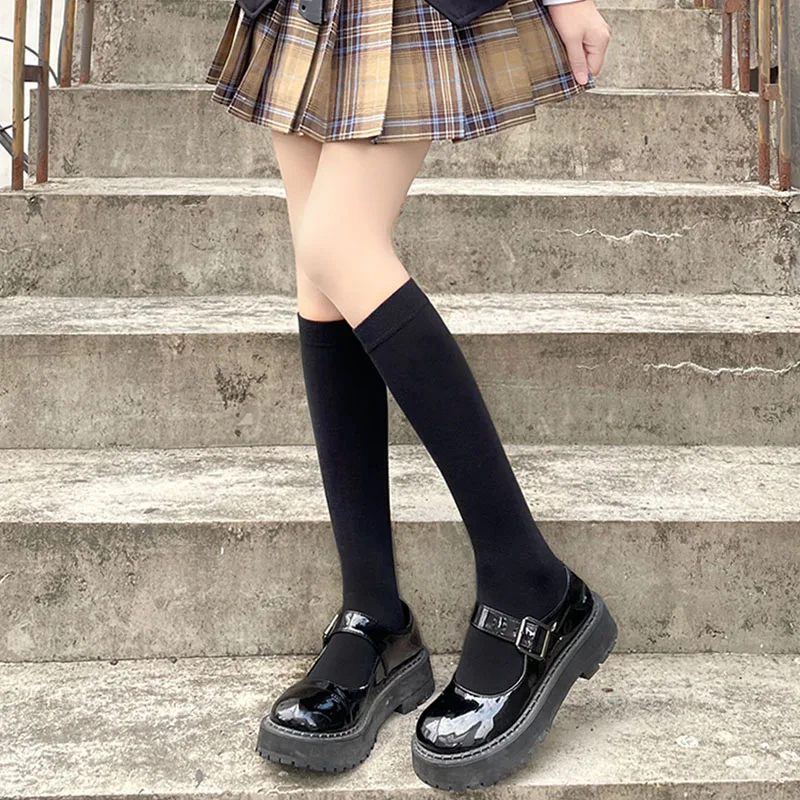 Meias altas para o joelho, monocromáticas, pretas, brancas, estilo japonês, meias de escola, coxa alta, lolita, kawaii, fofas, longas, JK