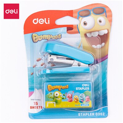 Deli Mini Stapler 24/6 26/6 1 Set with staples Cartoon student cute stapler stationery office supply School accessory E0352: Blue