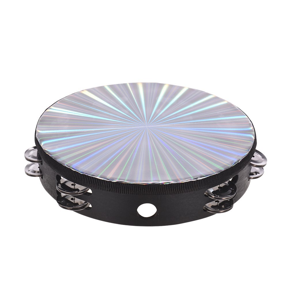8 Inch Wooden Radiant Tambourine Handbell Hand Drum with Double Row Jingles Reflective Drum Head Percussion Instrument
