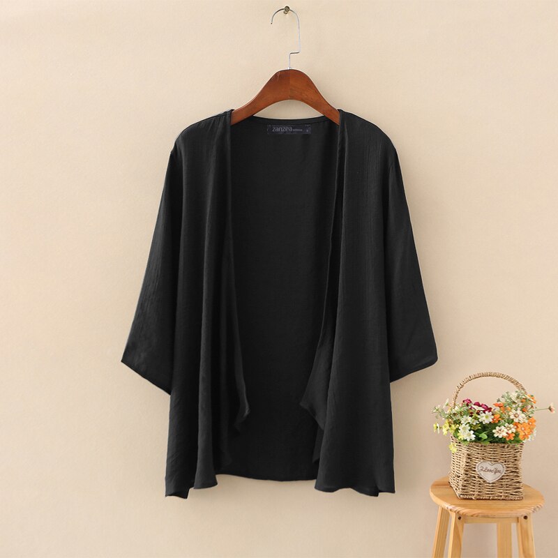 fest Strickjacken Frauen Sommer Bluse 2023 ZANZEA lässig Langarm Blusas Weibliche Dünne Tunika Spitzen Kimono Kap Plus Größe: S / Schwarz