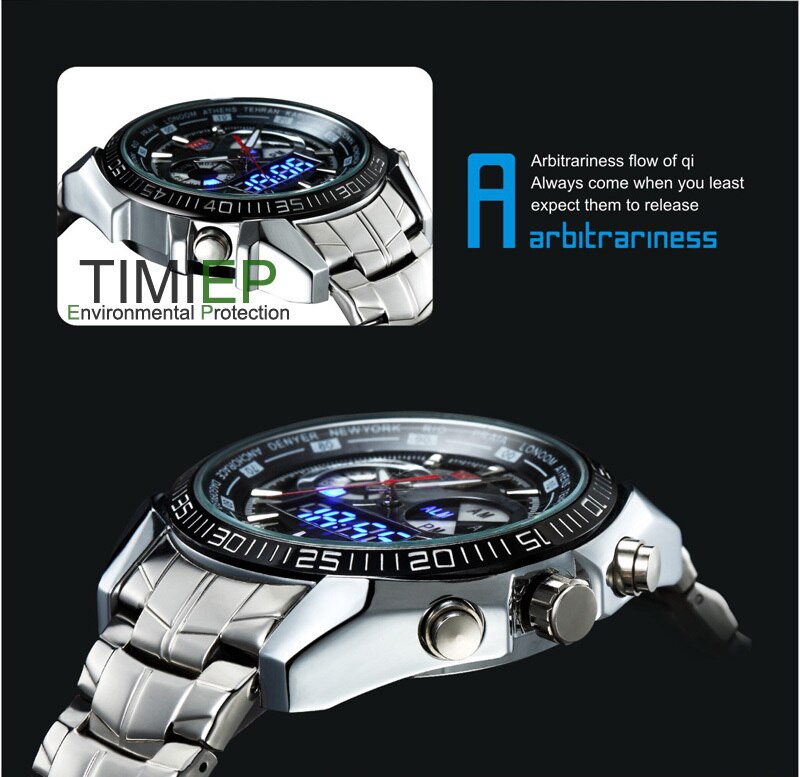 TVG Hight Quality Rvs heren Klok Blauwe LED Pointer Horloge Mens 30AM Waterdichte sport horloge