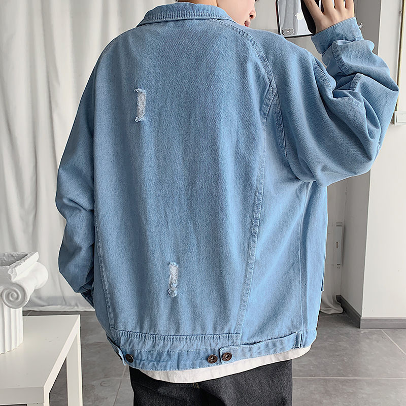 Lente Gat Denim Jas Heren Mode Retro Casual Gat Blauwe Denim Jas Mannen Streetwear Wilde Losse Hip Hop Bomber jas Mannen