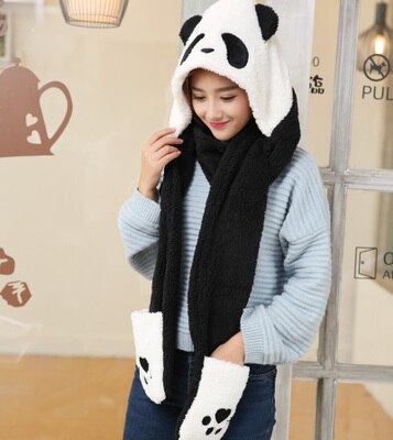 3 in 1 functies dier cartoon koraal fleece sjaal winter mooie panda muts met handschoenen voor kinderen volwassenen kerst: Volwassen wit en zwart