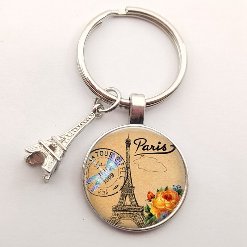 Romantic Paris Eiffel Tower Key Chains Art Lady Wander Drawing Glass Pendant Cute Keychain Keyring Women Bag Jewelry: Silver-36