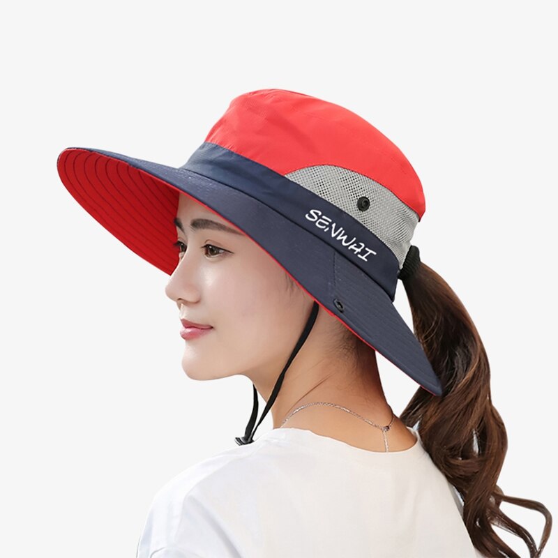 Outdoor Hiking Wide Brim Bucket Hat Women Quick Drying Breathable Packable Sunshade UV-proof Ponytail Cap With Chain Strap: Red
