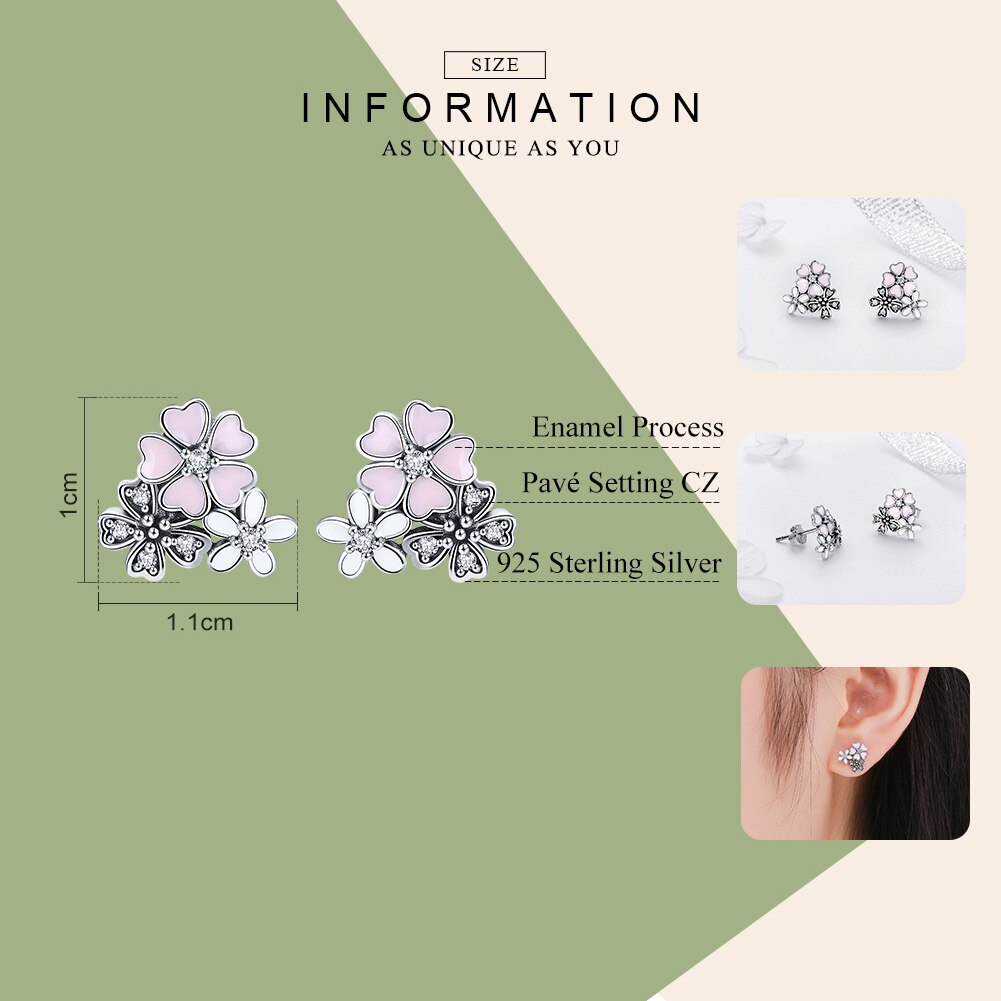 BAMOER 100% 925 Sterling Silver Pink Daisy Cherry Blossoms Flower Stud Earrings for Women Sterling Silver Jewelry SCE400